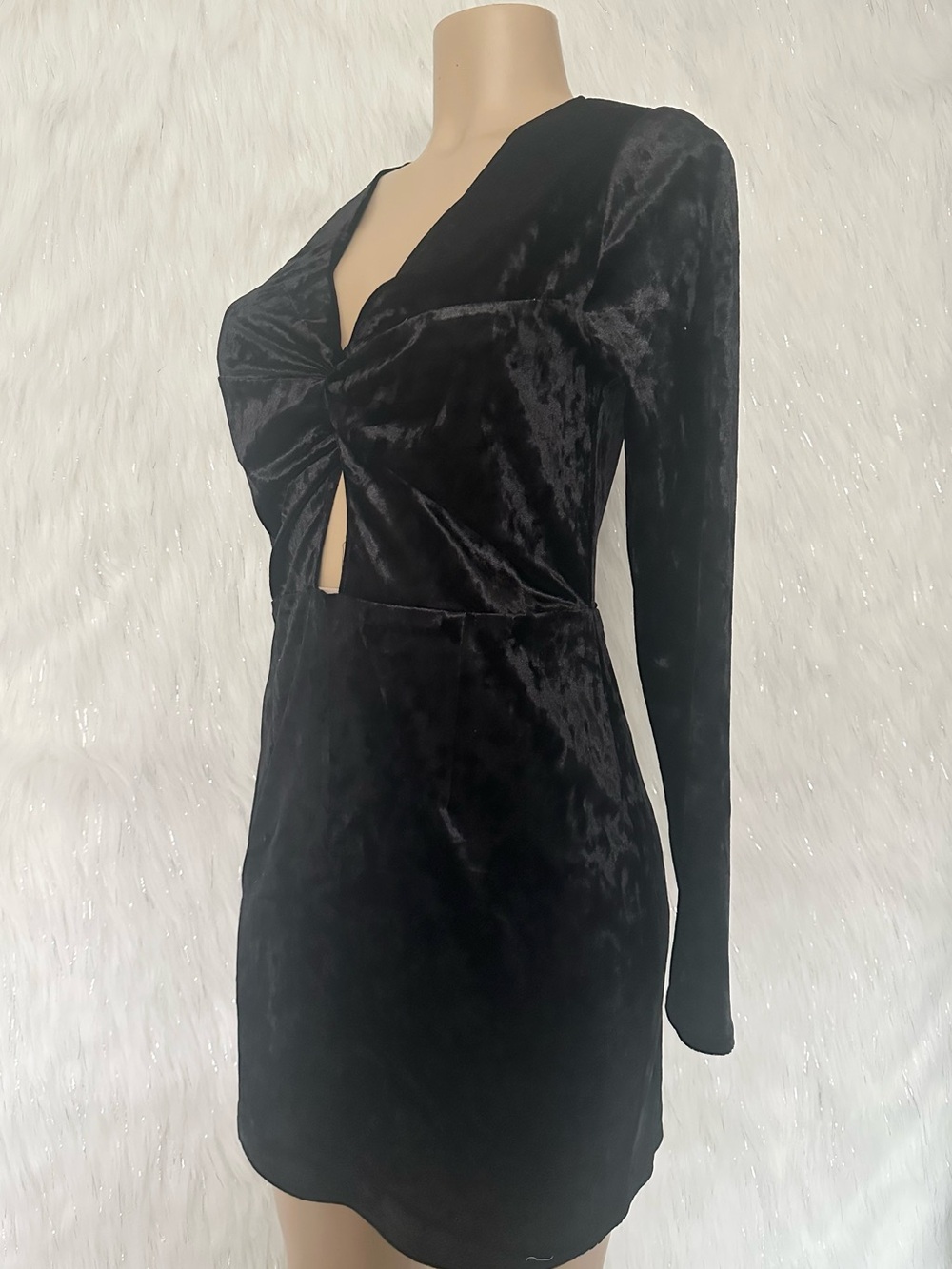 H&M Black Velvet Twist-Front Long Sleeve Mini Dress